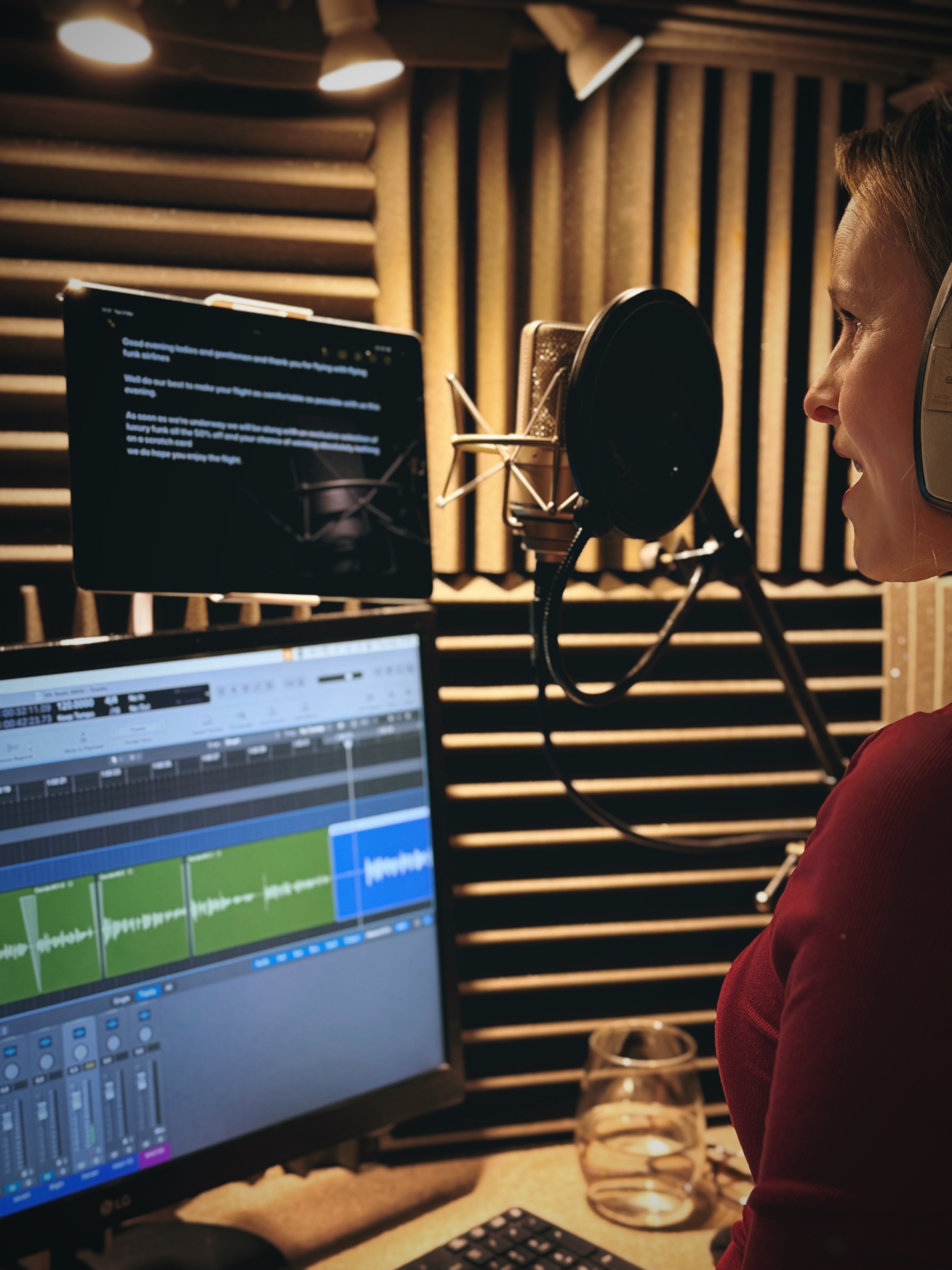 Emma Nabarro-Steel recording voiceover in her studio.