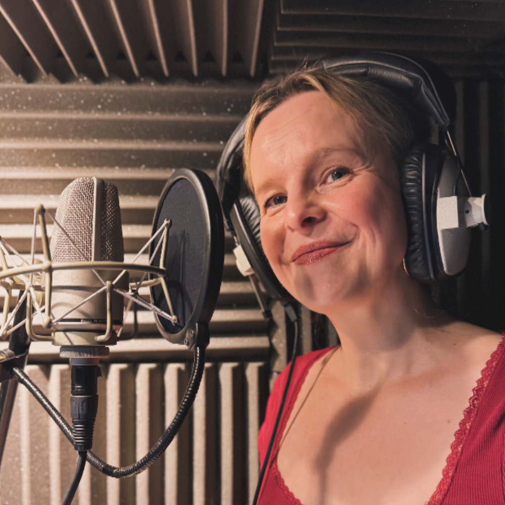 Emma Nabarro-Steel recording in professional voiceover studio